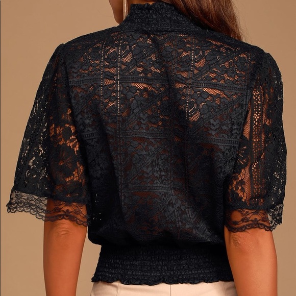 Black Lace Short Sleeve Mock Neck Top - Picture 2 of 2